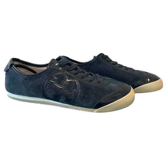 Tory Burch Shoes - Tory Burch Murphey Blue Suede Logo Lace Up Sneakers Size 8.5 70s Track Sneakers